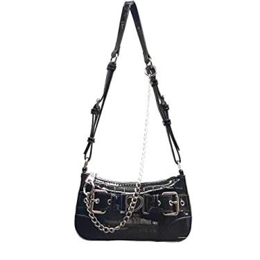 Imagem de FONETTOS Bolsa punk, bolsa gótica Sourpuss Y2K estilo legal bolsas de ombro femininas modernas moda rock bolsa de mão para meninas, C - preto, 9.45*5.12*1.97 inches
