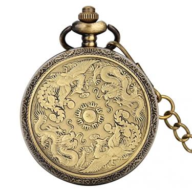 Imagem de TORALF Bronze Duplo Dragão Phoenix Coin Padrão Quartzo Bolso Watch Fob Chain Colar Pendente Relógio