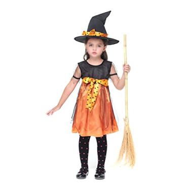 Imagem de BESTOYARD Fantasia de bruxa infantil Halloween Cosplay Show Kit para meninas - Tamanho M (vestido laranja)