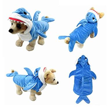 Imagem de Yoption Fantasia de cachorro, gato, tubarão, divertido, para animais de estimação, Halloween, Natal, cosplay, moletom com capuz para animais de estimação, roupas quentes (GG)