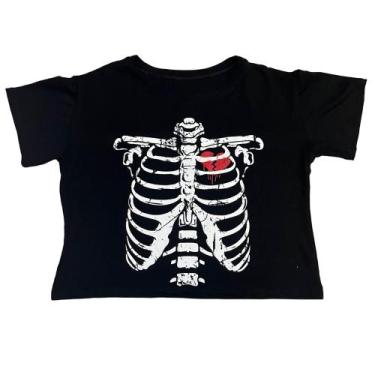 Imagem de Camiseta Esqueleto Caveira Emo Coração Rock Blusa Blusinha Cropped Bab