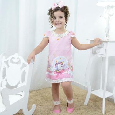 Imagem de Vestido Infantil Unicórnio Rosa Com Pérolas  Tubinho Trapézio Luxo - M