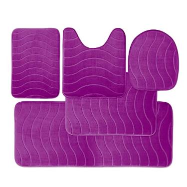 Imagem de Elvoki Conjunto de tapetes de banheiro de luxo 5 peças - tapetes de banho espuma viscoelástica conjunto de tapetes de banheiro. Forte absorvente, antiderrapante, ultra macio, fácil de limpar, roxo