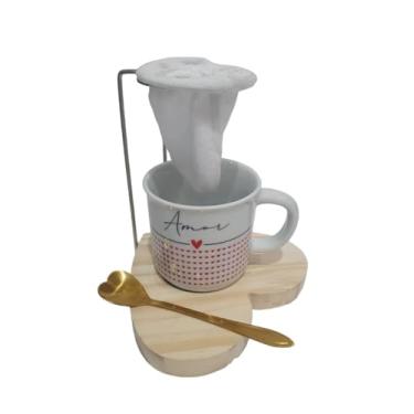 Imagem de Kit Caneca Xícara Mini Coador Café Individual Reutilizável (Coraçãozinhos)