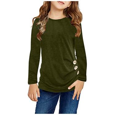 Imagem de Tops para meninas adolescentes para inverno cor sólida botão casual túnica tops manga longa solta gola redonda camisas quentes, Verde, 8-9 Years