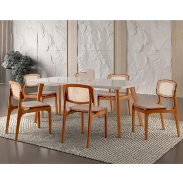 Imagem de Conjunto Sala de Jantar Mesa Malta 160cm com 6 Cadeiras Malta Premium em Madeira Moderna - Linho Palha Off White Imbuia