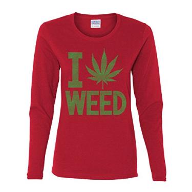Imagem de Camiseta feminina manga longa I Love Weed Smoking 420 Pot Reggae Rasta Marijuana Kush, Vermelho, G