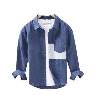 Imagem de Camisa masculina chique com bolso de patchwork, manga comprida, primavera/verão, linho, blusa fina e respirável macia, 2306 Deep Blue, XG