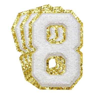 Imagem de 3 Pçs Remendos de Número de Chenille Remendos Dourados Glitter Ferro em Remendos de Letras Varsity Remendos Bordados de Chenille Remendos Costurados para Roupas Chapéu Bolsas Jaquetas Camisa (Ouro, 8)