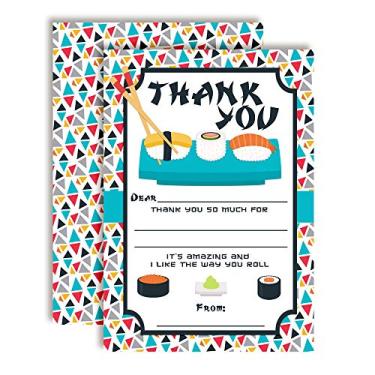 Imagem de Let The Good Times Roll Notas de agradecimento com tema de sushi, dez 10 x 14 cm Preencha os cartões em branco com 10 envelopes brancos da AmandaCreation