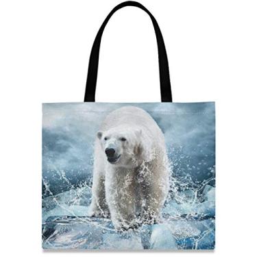 Imagem de visesunny Bolsa de ombro feminina grande de lona branca caçador de ursos polares no gelo animal com alça de armazenamento bolsa de compras casual reutilizável para praia, viagens, mantimentos, livros