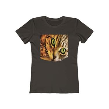 Imagem de Gato de olhos largos - Camiseta feminina de algodão fiado em anel slim fit, Chocolate escuro sólido, 3G