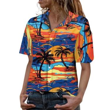 Imagem de Blusa feminina havaiana de botão, manga curta, estampa tropical, verão, praia, túnica casual, #21 - vermelho melancia, P