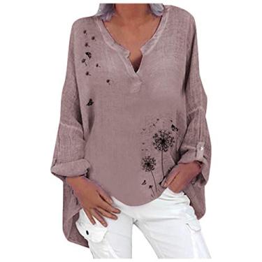 Imagem de Camisa feminina de algodão e linho Henley com gola grande, estampada, manga comprida, boho, rosa, 5G