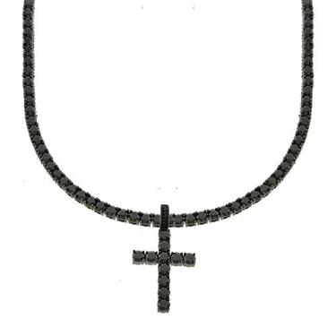 Imagem de Bling Bling NY Pingente masculino de cruz de zircônia cúbica de corte redondo com acabamento preto com 1 fileira de colar de tênis preto corrente gargantilha 40,6-61 cm, 4mm, Latão, Zircônia cúbica