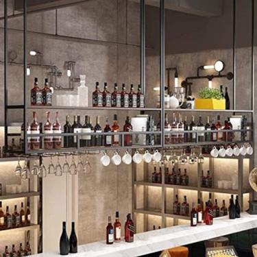 Imagem de Rack de vinho pendurado na parede, suporte de vidro de vinho de ferro, rack de camada dupla, rack de garrafa invertida, copos de champanhe, prateleira de decoração de teto simples com divisó