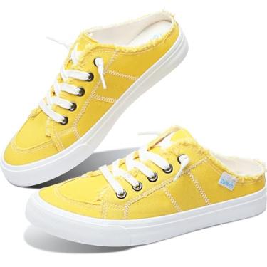 Imagem de Obtaom Tênis feminino de lona Mules Memory Foam Clipper Fashion Confortável Slip-On Mule Backless Holiday Shoes, Amarelo limão, 9