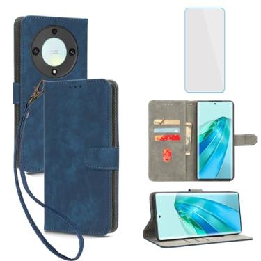 Imagem de IUQXU Capa carteira para celular Honor Magic5 Lite 5G com protetor de tela [bloqueio RFID] capa de celular feminina e masculina com suporte de couro para Honor X9A 5G / X40 5G / Magic 5 Lite 5G Azul