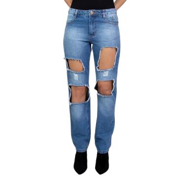 Imagem de Calça Jeans Destroyed Feminina Cintura Média Lady Rock
