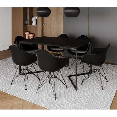 Imagem de Mesa Jantar Industrial Retangular Preta 137x90cm Base V com 6 Poltrona