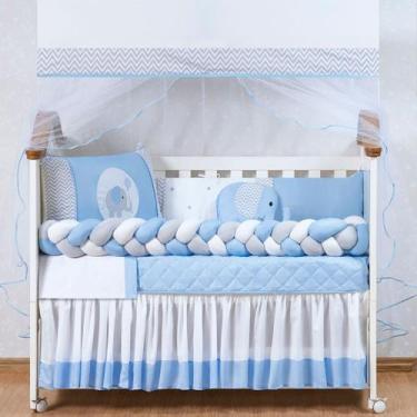 Imagem de kit berço elefante trançado menino 11 peças com saia box azul - L2M