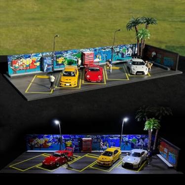 Imagem de Caixa de exibição de carro modelo fundido em escala 1/64, estacionamento de diorama de cenário, com luz LED e 5 espaços de estacionamento, adequado para exibição de hot wheels
