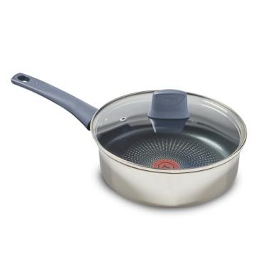 Imagem de T-fal Frigideira de aço inoxidável Essentials com revestimento antiaderente e tampa de vidro, 3,5 litros, todas as cooktops incluindo indução, seguro para forno 350F, indicador de calor, marcas de