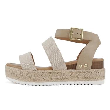 Imagem de Soda Top Shoe Bryce bico aberto fivela tira no tornozelo alpargatas Flatform Wedge Casual Sanda, Lona/cinza-acinzentado bege, 9 Wide