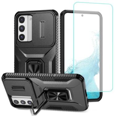 Imagem de Wanyuexes Capa para Galaxy S22 5G/Capa para Samsung S22 SM-S901U com protetor de tela de vidro temperado e capa deslizante para câmera, suporte giratório para carro, capa à prova de choque para