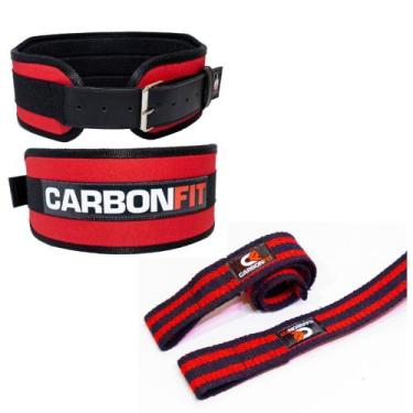 Imagem de Kit musculação fitness cinto e strap carbonfit-x, Vermelho, G
