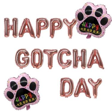 Imagem de Decoração Happy Gotcha Day, ouro rosa Happy Gotcha Day com balões de folha de pata de cachorro rosa para festa de cachorro gato Gotcha, feliz dia de adoção gato cachorro resgate suprimentos de festa