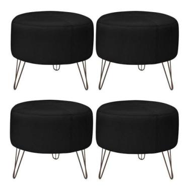 Imagem de Kit 4 Puffs Decorativos Redondo Pés Metal Couro Preto - Gran Belo