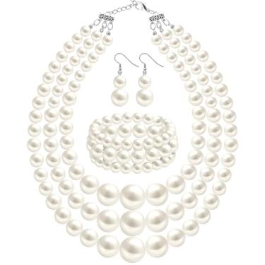 Imagem de WINSENET Conjunto de joias de pérolas para mulheres, colar e pulseira de pérolas falsas em camadas dos anos 20, bijuteria vintage para festa de casamento e aniversário, Aço inoxidável, pérola