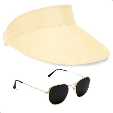 Imagem de Kit Óculos de Sol Clássico Hexagonal + Viseira Feminina Moda Praia Esporte (Preto)