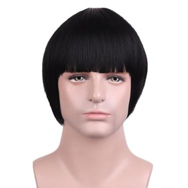 Imagem de MAGQOO Peruca de cogumelo curta masculina anos 60 anos 80 corte tigela perucas velho filme festa Halloween vetor fantasia anime peruca (preto)
