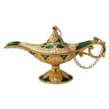 Imagem de Lâmpada vintage Legend Aladdin Magic Genie Wishing Light, Queimador de incenso esculpido em metal para decoração de mesa de casa,festa,aniversário,Halloween,Natal, festa de casamento(P,Verde)