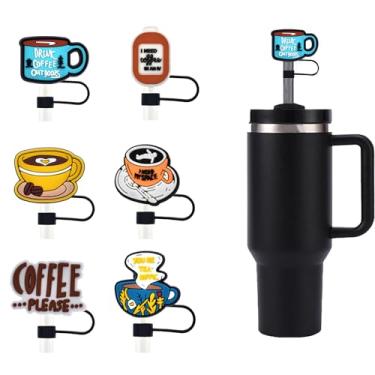 Imagem de CIXVOEMK Capas de palha, tampa de palha de silicone de 10 mm para copo Stanley, lindos topos de palha de café para vidro de 20 e 30 e 1,134 g (café B-6 peças)