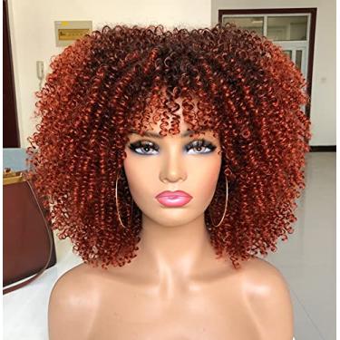 Imagem de CC Hair Perucas afro encaracoladas de 35,5 cm para mulheres negras, perucas curtas encaracoladas com franja, preto a cobre, cabelo afro, fibra sintética, preto R