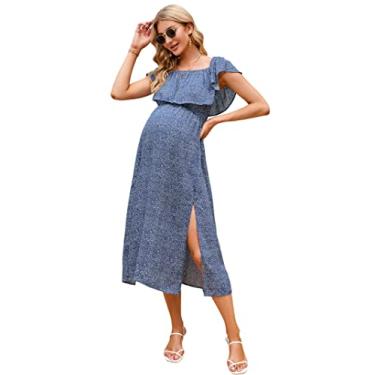 Imagem de Vestido de maternidade feminino, tomara que caia, tomara que caia, evasê, casual, maxi vestido fotográfico para chá de bebê, Fundo azul com floral branco, GG