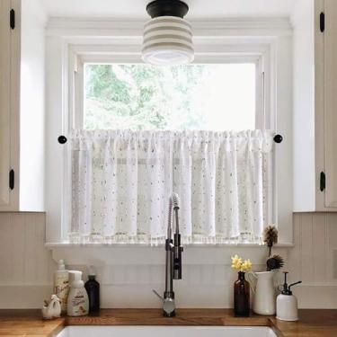 Imagem de Boho Rainbow Pompom Sheer Valance Faux Linen Stripe Window Topper Cortina com Borlas Filtragem de Luz Cortinas Curtas Camada para Café/Banheiro/Cozinha Rod Pocket 2 Painéis (L99 x C20 polegadas