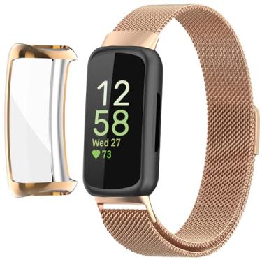 Imagem de QIEMUTER Compatível com pulseiras Fitbit Inspire 3 com capa, fecho magnético de alça trançada de metal, malha de aço inoxidável, capa amortecedora de TPU macio para homens e mulheres (ouro rosa)