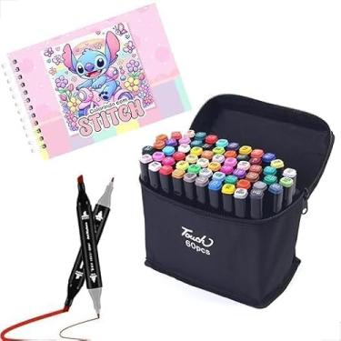 Imagem de Kit Livro De Colorir Stitch Capa Dura Rosa + Canetinhas Coloridas Touch Marca Texto De 24 a 80 Cores e Tamanhos, Ponta Dupla (0,1mm e 6,0mm) – Traços Finos e Áreas Grandes (Livro + 48 Canetas)