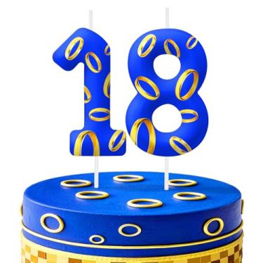 Imagem de Velas azuis com números de aniversário de 18 anos, decorações de topo de bolo de vela número 18 para festas temáticas de anéis azuis e dourados, velas de bolo de aniversário para meninos e meninas