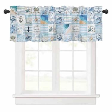 Imagem de Cortinas para janelas âncora vida marinha sanefa oceano praia azul xadrez cortinas curtas haste bolso tratamento de janela para cozinha sala de estar quarto banheiro café decoração 1 painel 147 x 18