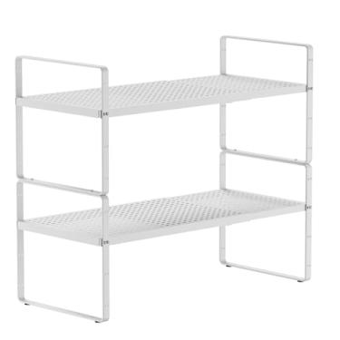 Imagem de jkxoo Pacote com 2 prateleiras expansíveis de bancada de 41,5 a 68 cm C, organizador de metal ajustável para temperos, prateleiras empilháveis de armazenamento de balcão de cozinha para organização de