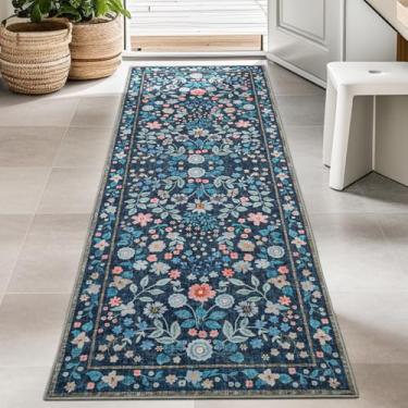 Imagem de YIHOUSE Tapete de corredor de cozinha lavável azul floral 5 x 15 cm, antiderrapante, boho macio, tapete para quarto, ultrafino, pequeno, colorido, para corredor, lavanderia, cabeceira, azul escuro, 6
