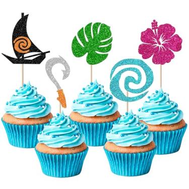Imagem de Rsstarxi 30 Pack Moana Inspired Cupcake Toppers Glitter Palm Leaf Flower Cupcake Picks Tropical Hawaiian Luau Theme Cake Decorations for Baby Shower Birthday Party Cake Supplies