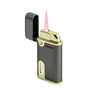 Imagem de Isqueiro de tocha de butano com luz de janela elegante caixa de presente recarregável a gás à prova de vento com chama vermelha única (preto)