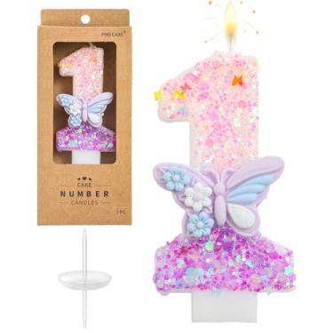 Imagem de PHD CAKE Número 1 velas de aniversário de borboleta roxa, velas com número de borboleta, velas com número de bolo, celebração de festa