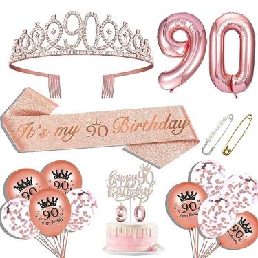Imagem de Hysilla Decorações De 90º Aniversário Para Mulheres, Faixa, Coroa, Topo Bolo, Balões, Conjunto Alfinetes E Velas, Ouro Rosa
